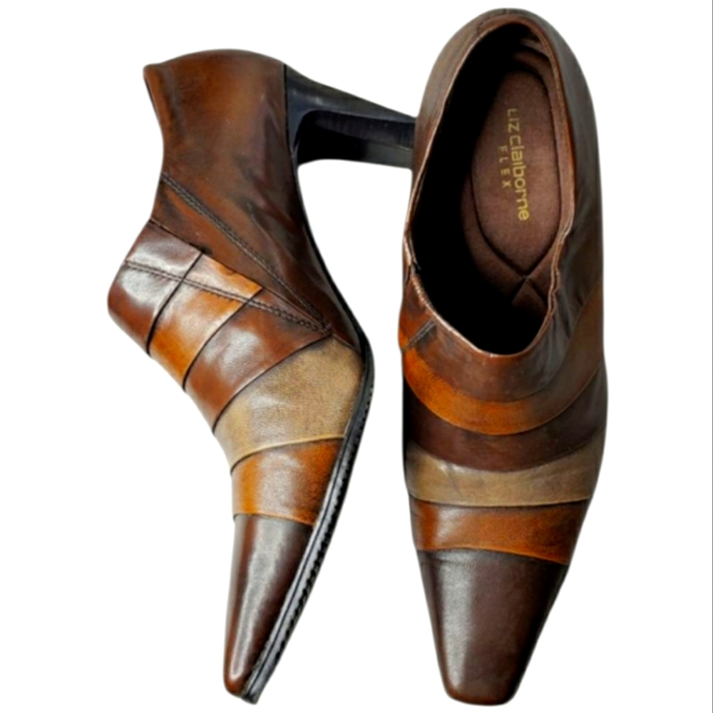 Vtg Liz Claiborne Flex Bootie Amy Leather Heel Layered Bronze Metallic 70 Retro